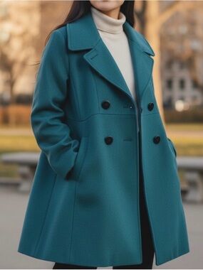 Women’s S Teal Mid-Length Pea Coat Bow Accent Double-Breasted Collared Long slv